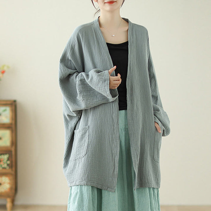 Buddha Stones Plain Long Sleeve Zen Meditation Cotton Linen Jacket With Pockets - image 2