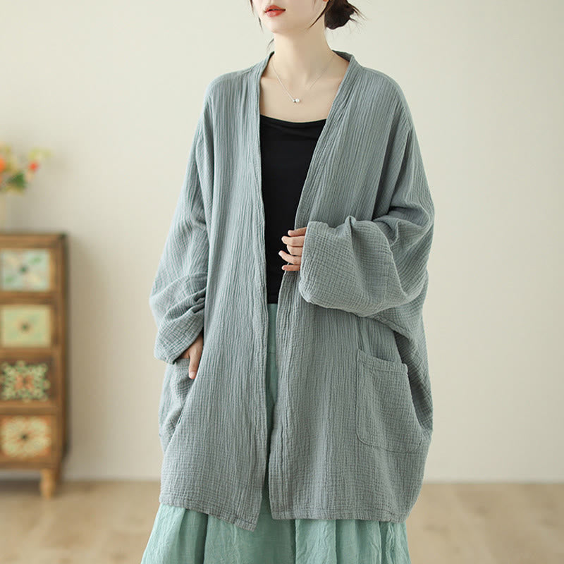 Buddha Stones Plain Long Sleeve Zen Meditation Cotton Linen Jacket With Pockets - image 3