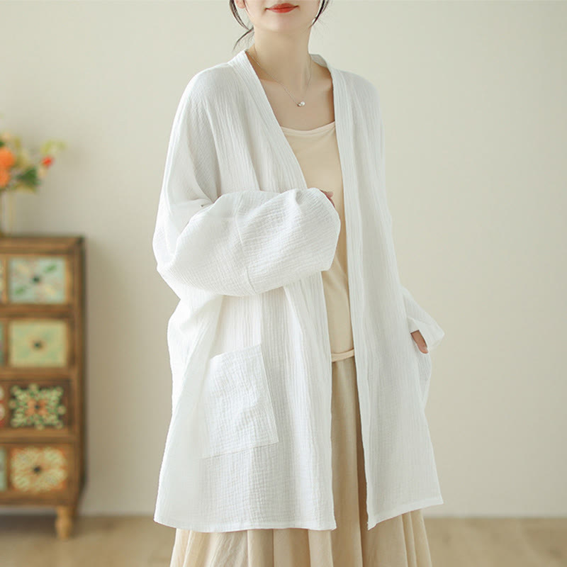 Buddha Stones Plain Long Sleeve Zen Meditation Cotton Linen Jacket With Pockets - image 10