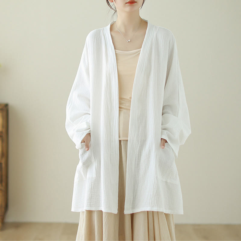 Buddha Stones Plain Long Sleeve Zen Meditation Cotton Linen Jacket With Pockets - White - US12，UK/AU16，EU44 (XL) - image 7