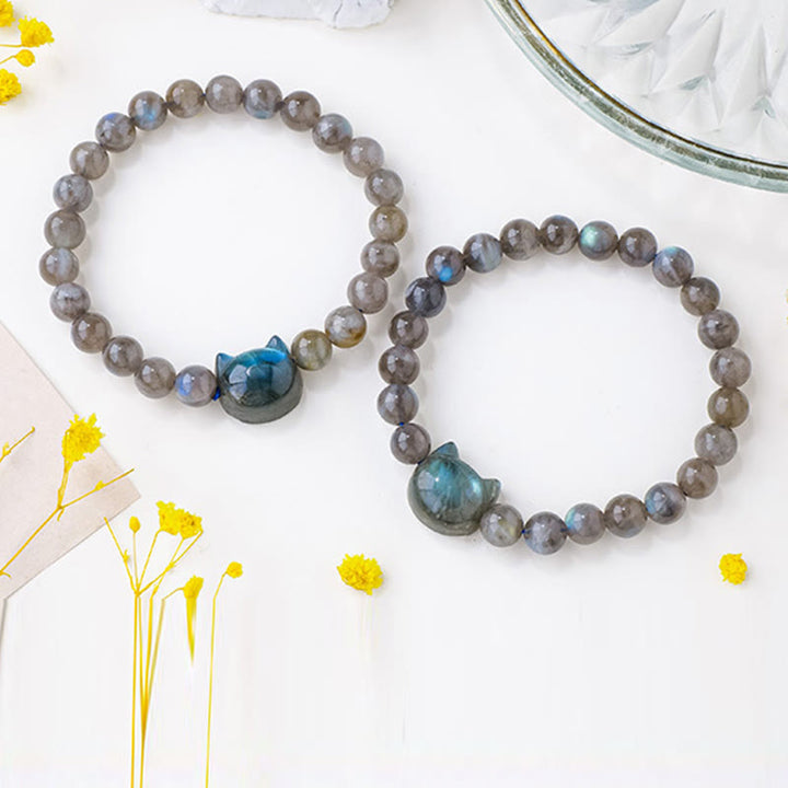 Buddha Stones Natural Labradorite Cute Cat Head Healing Change Bracelet - image 3