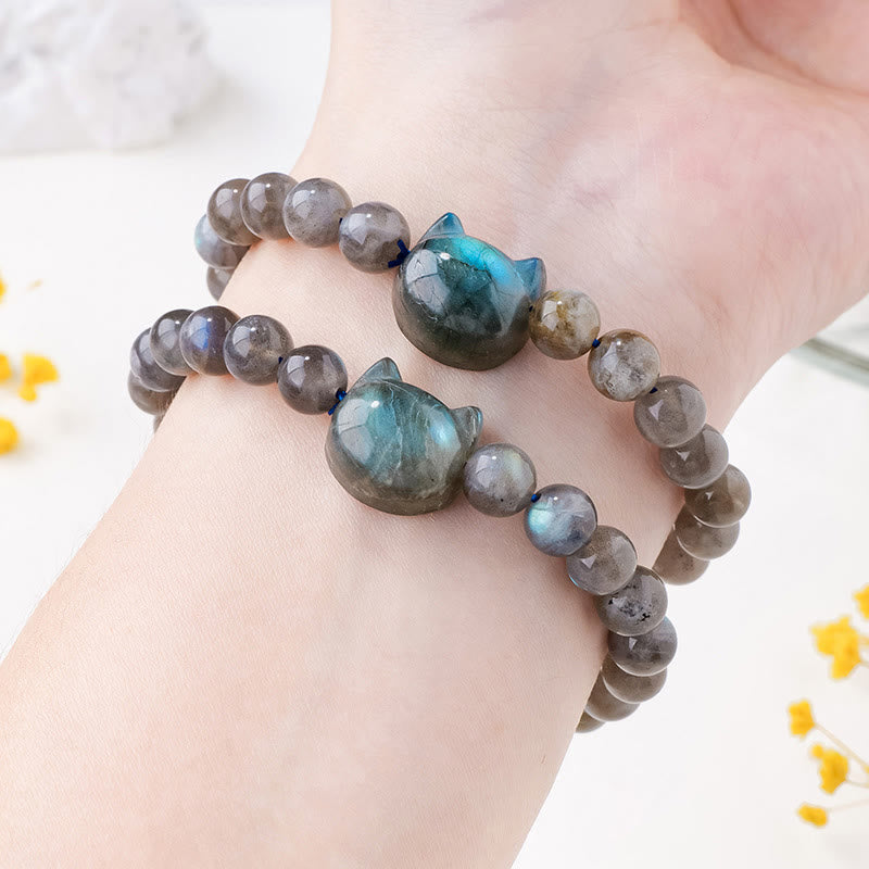 Buddha Stones Natural Labradorite Cute Cat Head Healing Change Bracelet - image 4