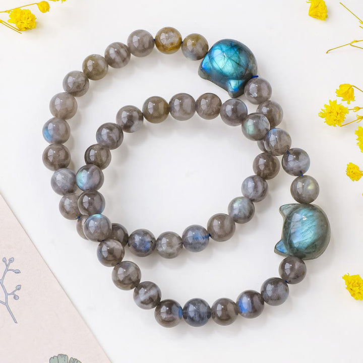 Buddha Stones Natural Labradorite Cute Cat Head Healing Change Bracelet - image 6
