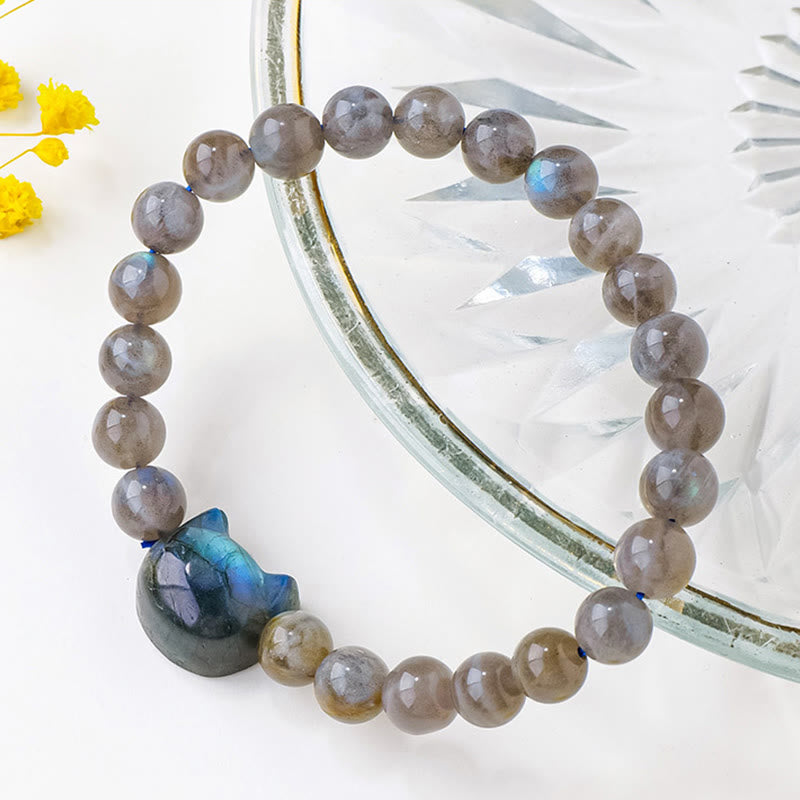 Buddha Stones Natural Labradorite Cute Cat Head Healing Change Bracelet - image 2