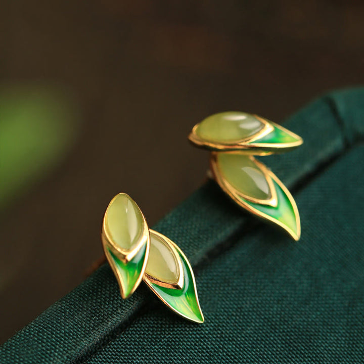 Buddha Stones 925 Sterling Silver Jade Leaf Prosperity Earrings  - Hetian Jade(925 Sterling Silver  Posts) - image 0