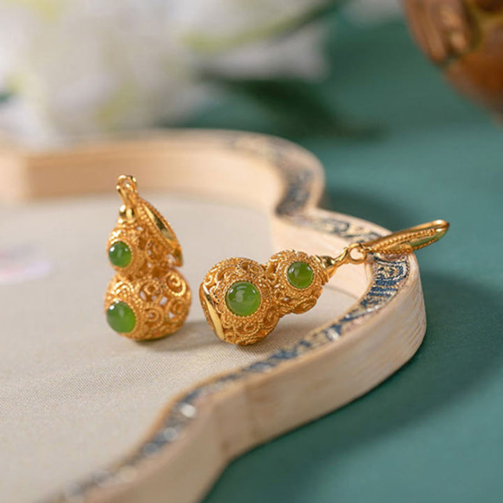Buddha Stones Copper Hollow Gourd Jade Prosperity Earrings - image 2