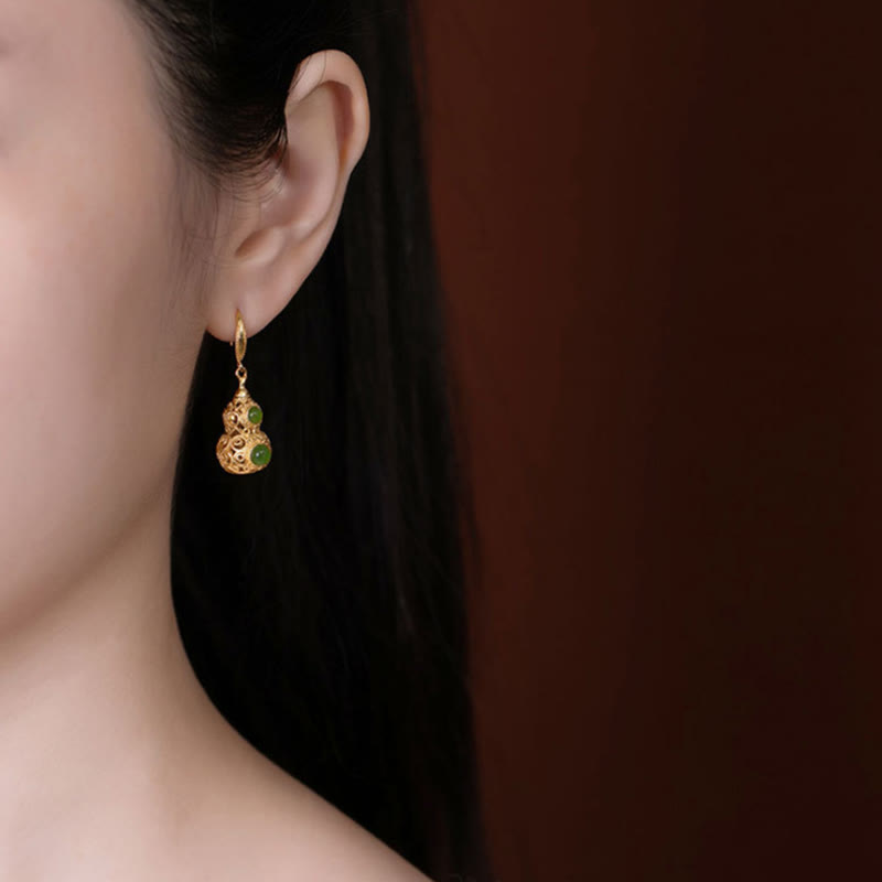 Buddha Stones Copper Hollow Gourd Jade Prosperity Earrings - image 4