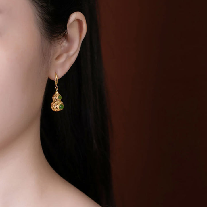 Buddha Stones Copper Hollow Gourd Jade Prosperity Earrings - image 4