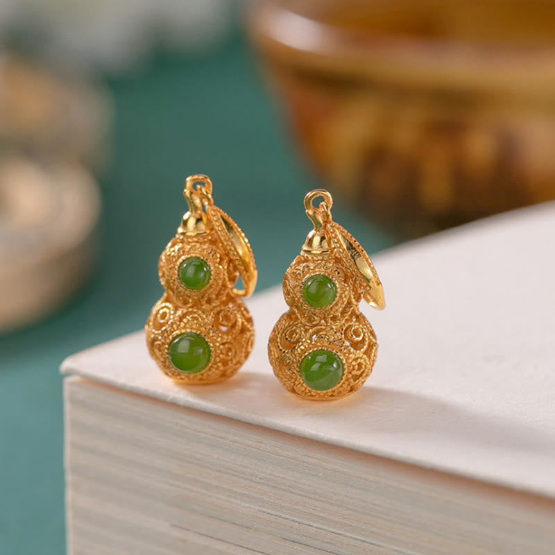 Buddha Stones Copper Hollow Gourd Jade Prosperity Earrings - image 1