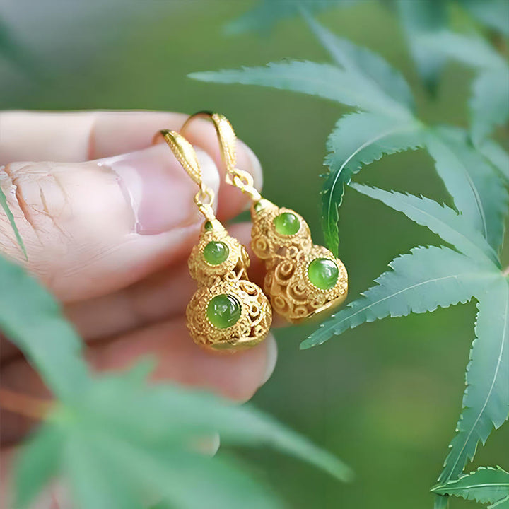 Buddha Stones Copper Hollow Gourd Jade Prosperity Earrings - image 10