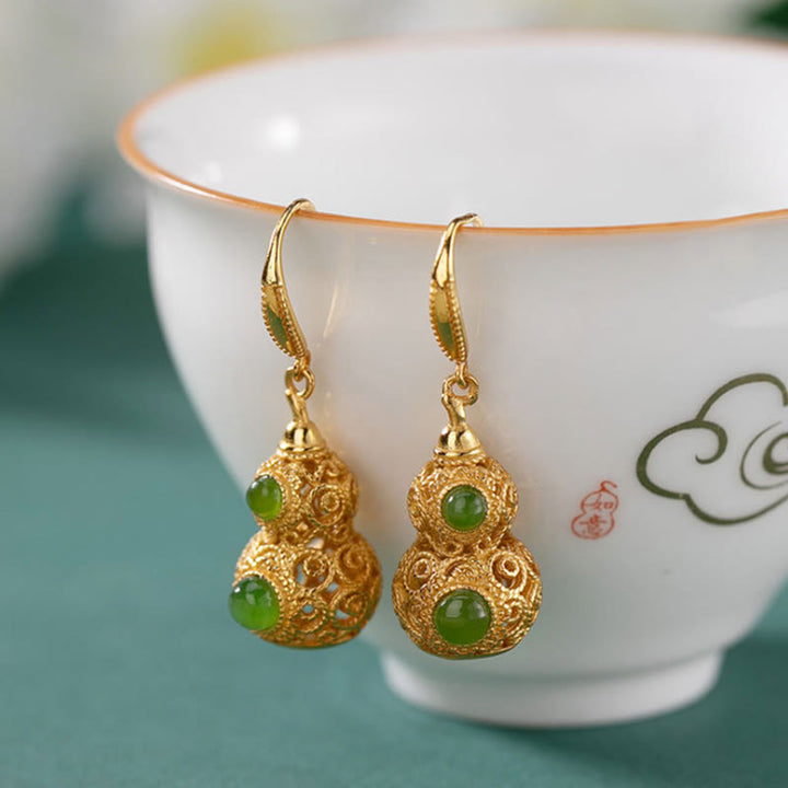 Buddha Stones Copper Hollow Gourd Jade Prosperity Earrings - Hollow Gourd(Copper Posts) - image 0