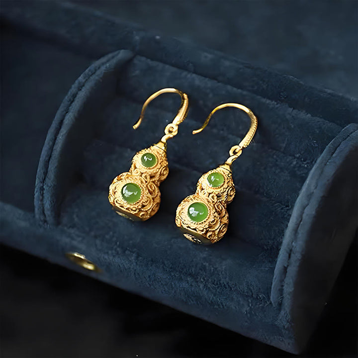 Buddha Stones Copper Hollow Gourd Jade Prosperity Earrings - image 8
