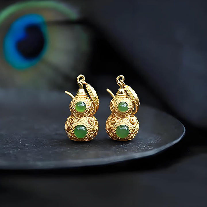 Buddha Stones Copper Hollow Gourd Jade Prosperity Earrings - image 14