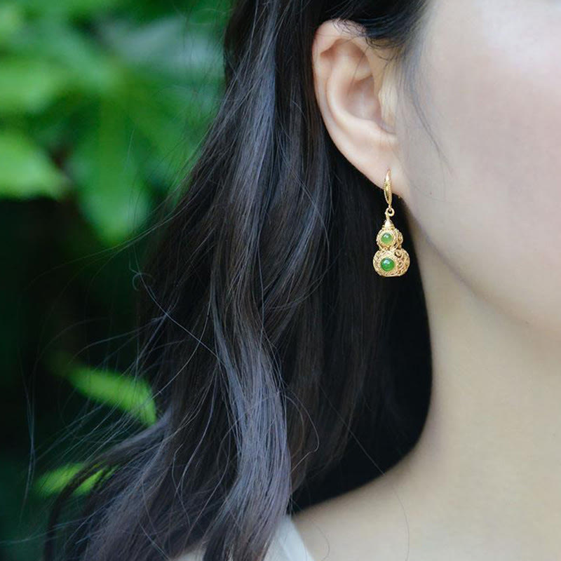 Buddha Stones Copper Hollow Gourd Jade Prosperity Earrings - image 9