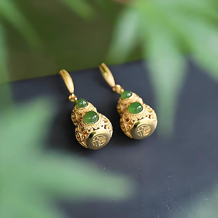Buddha Stones Copper Hollow Gourd Jade Prosperity Earrings - image 13