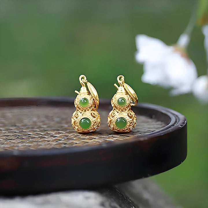 Buddha Stones Copper Hollow Gourd Jade Prosperity Earrings - image 12