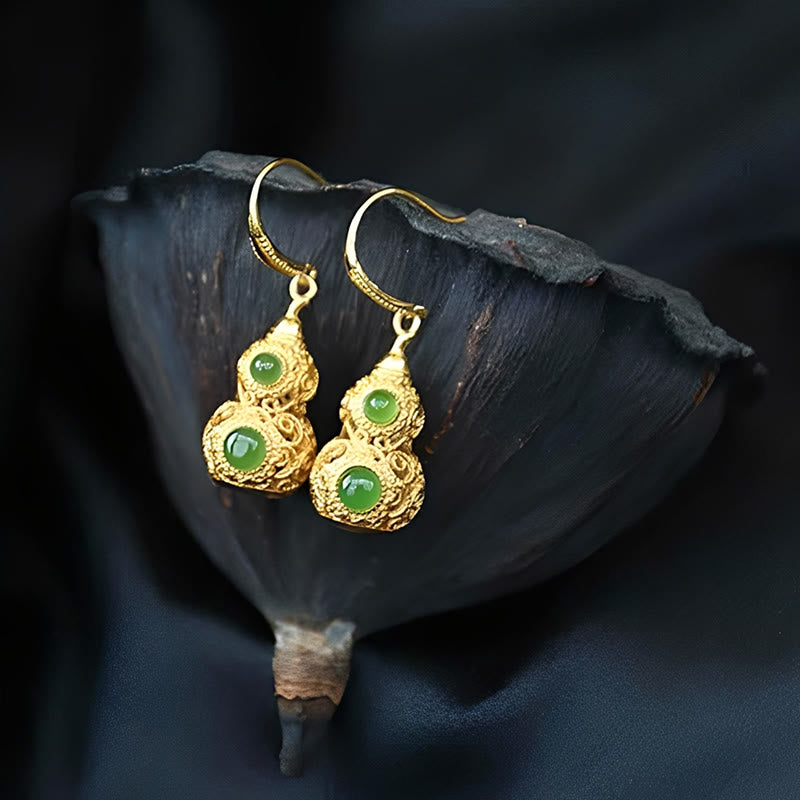 Buddha Stones Copper Hollow Gourd Jade Prosperity Earrings - image 11