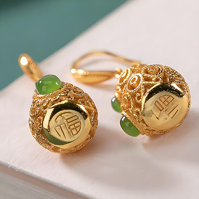 Buddha Stones Copper Hollow Gourd Jade Prosperity Earrings - image 3