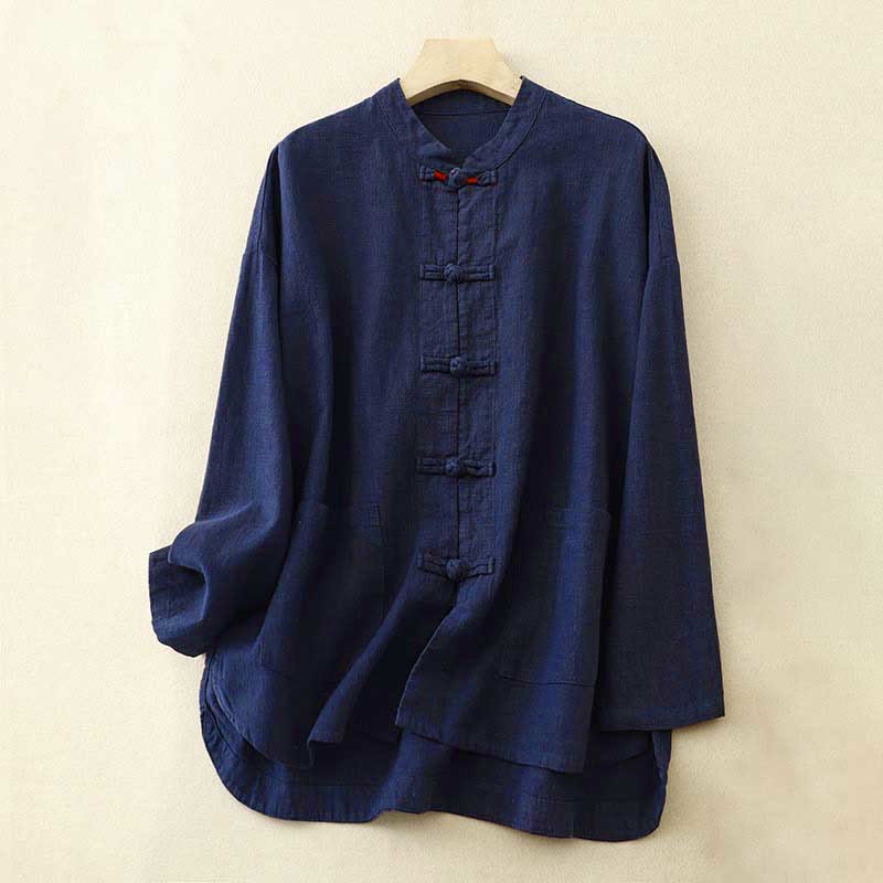 Buddha Stones Literary Artistic Chinese Knot Button Casual Clothing - MidnightBlue - US12，UK/AU16，EU44 (2XL) - image 9