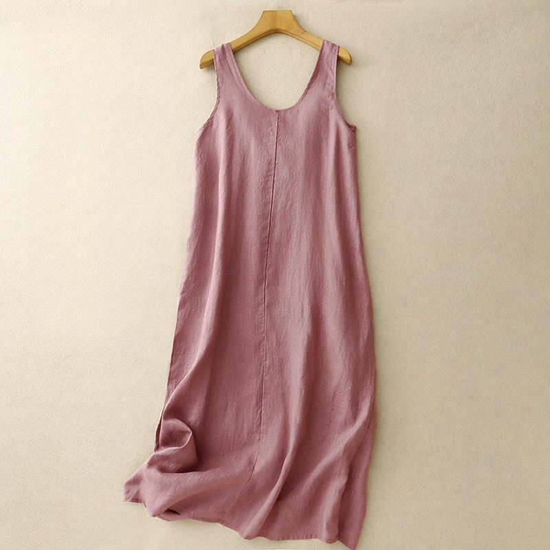 Buddha Stones Summer Daily Casual Pure Color Crew Neck Simple Design Sleeveless Midi Dress With Pockets - PaleVioletRed - US14，UK/AU18，EU46 (2XL) - image 0
