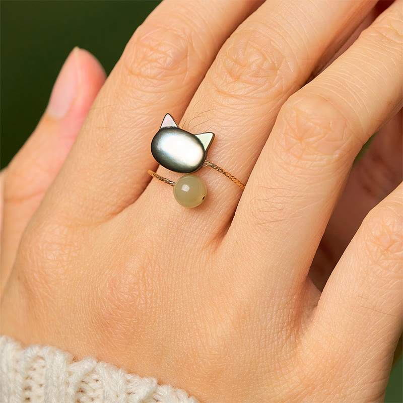 Buddha Stones Black Tridacna Stone Cat Jade Blessing Adjustable Ring - image 7