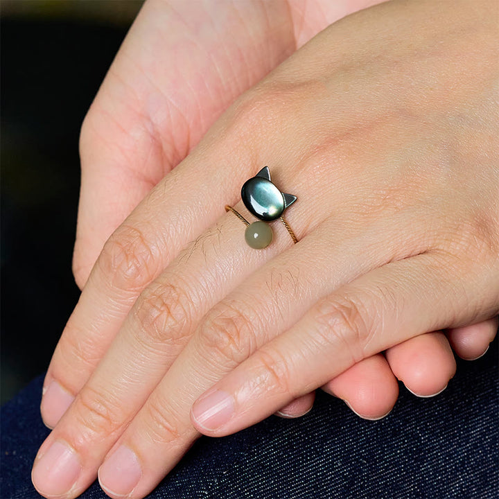 Buddha Stones Black Tridacna Stone Cat Jade Blessing Adjustable Ring - image 8