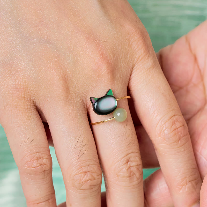 Buddha Stones Black Tridacna Stone Cat Jade Blessing Adjustable Ring - image 4