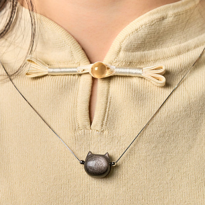Buddha Stones 925 Sterling Silver Natural Silver Sheen Obsidian Gold Sheen Obsidian Cat Necklace - image 1