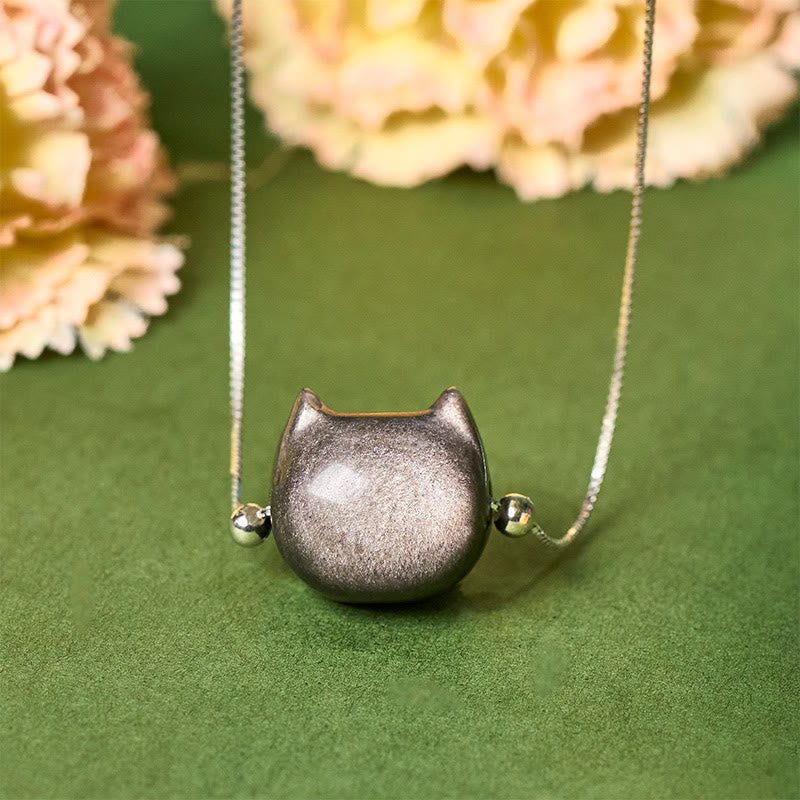 Buddha Stones 925 Sterling Silver Natural Silver Sheen Obsidian Gold Sheen Obsidian Cat Necklace - Silver Sheen Obsidian - image 0