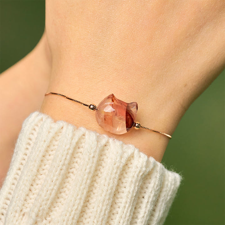Buddha Stones 925 Sterling Silver Faceless Cat Head Natural Red Flower Quartz Passion Bracelet - image 4