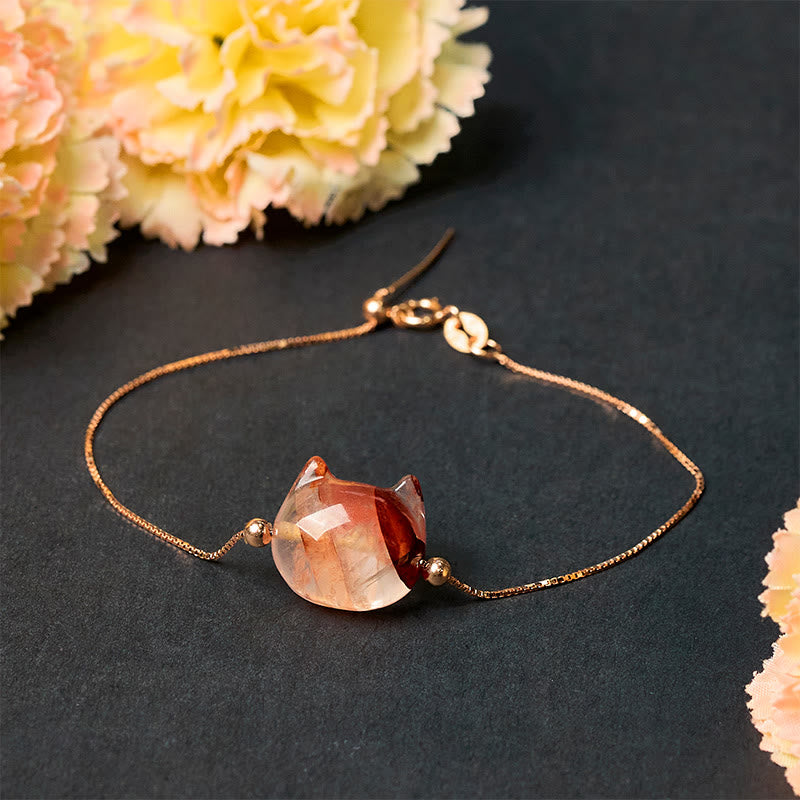 Buddha Stones 925 Sterling Silver Faceless Cat Head Natural Red Flower Quartz Passion Bracelet - image 2