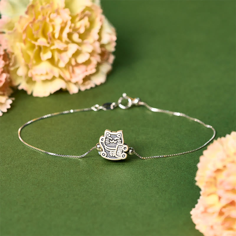 Buddha Stones 999 Sterling Silver Fortune Cat 925 Sterling Silver Chain Protection Bracelet - 18-22cm - image 0
