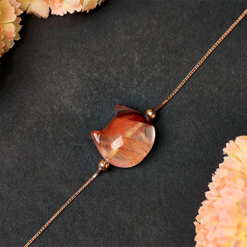 Buddha Stones 925 Sterling Silver Cat Head Natural Red Flower Quartz Protection Necklace Pendant - image 3