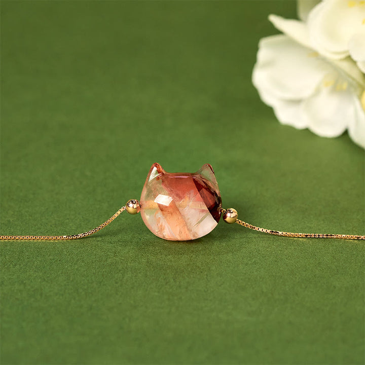 Buddha Stones 925 Sterling Silver Cat Head Natural Red Flower Quartz Protection Necklace Pendant - image 2