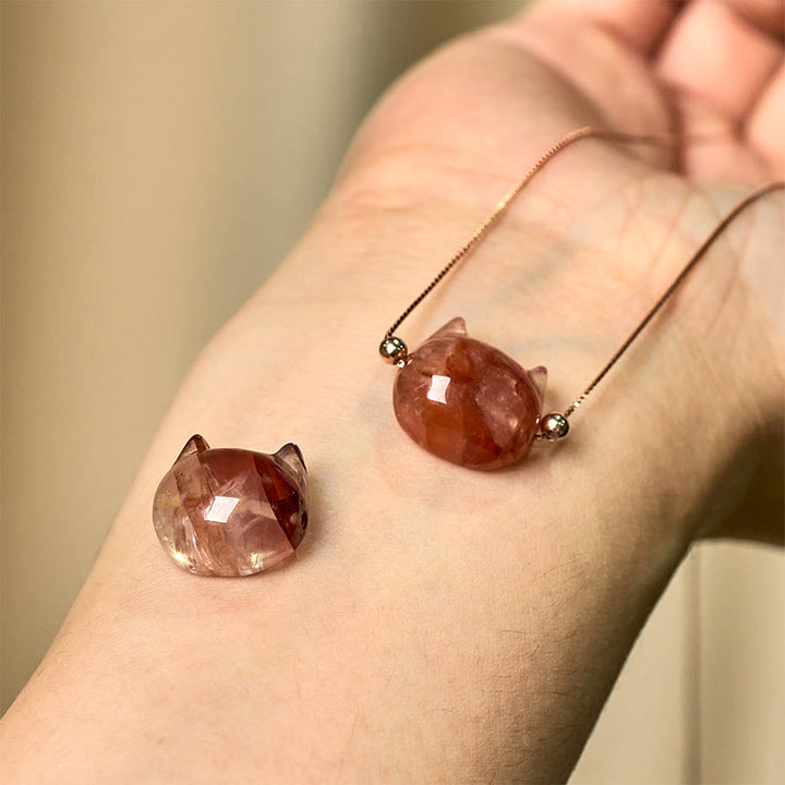 Buddha Stones 925 Sterling Silver Cat Head Natural Red Flower Quartz Protection Necklace Pendant - image 9
