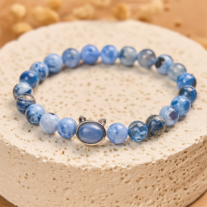 Buddha Stones Natural Cat Head Blue Agate Kyanite Protection Bracelet - Blue Agate(Wrist Circumference: 14-16cm) - image 0