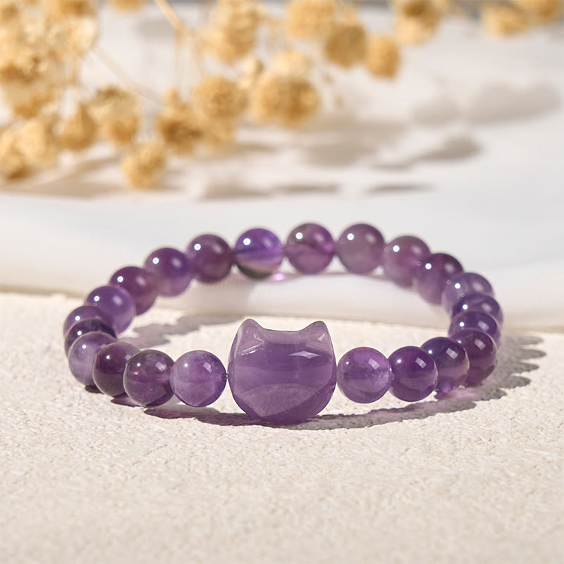 Buddha Stones Cute Cat Face Amethyst Spiritual Awareness Bracelet - image 1