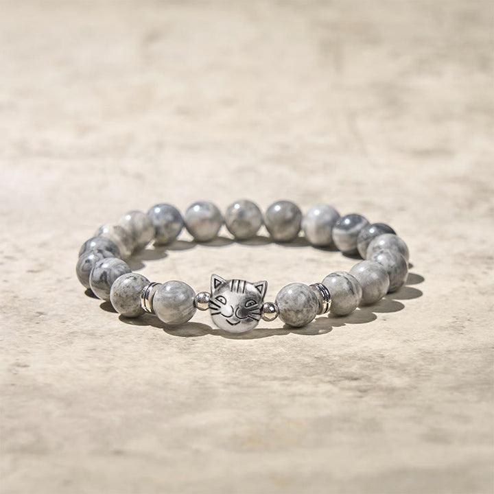 Buddha Stones Cute Cat Natural Grey Jasper Bead Healing Bracelet - image 4