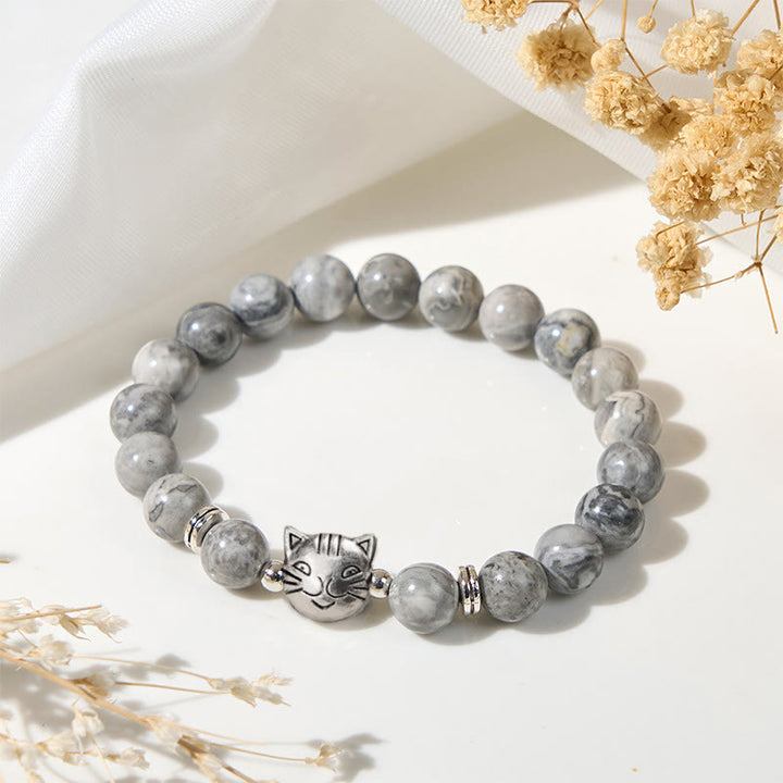Buddha Stones Cute Cat Natural Grey Jasper Bead Healing Bracelet - Grey Jasper(Wrist Circumference: 16-19cm) - image 0