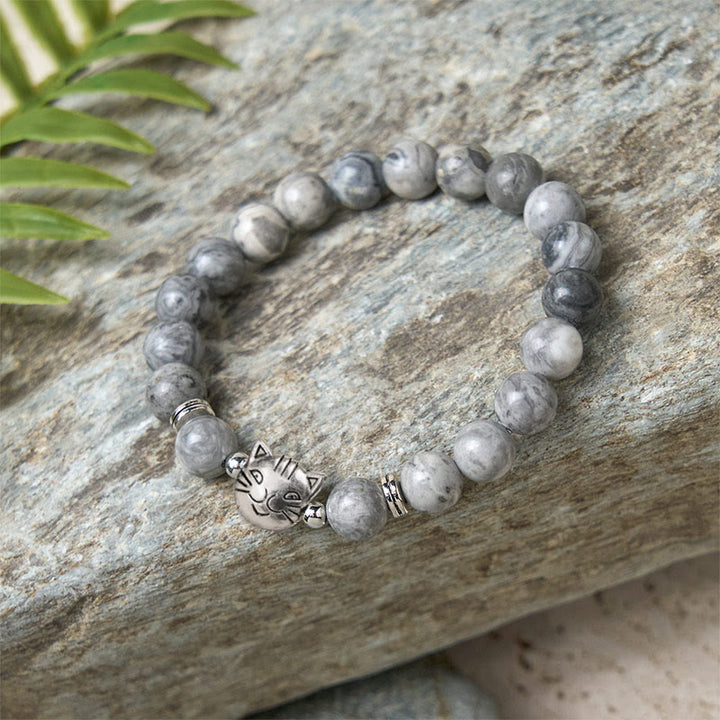 Buddha Stones Cute Cat Natural Grey Jasper Bead Healing Bracelet - image 5