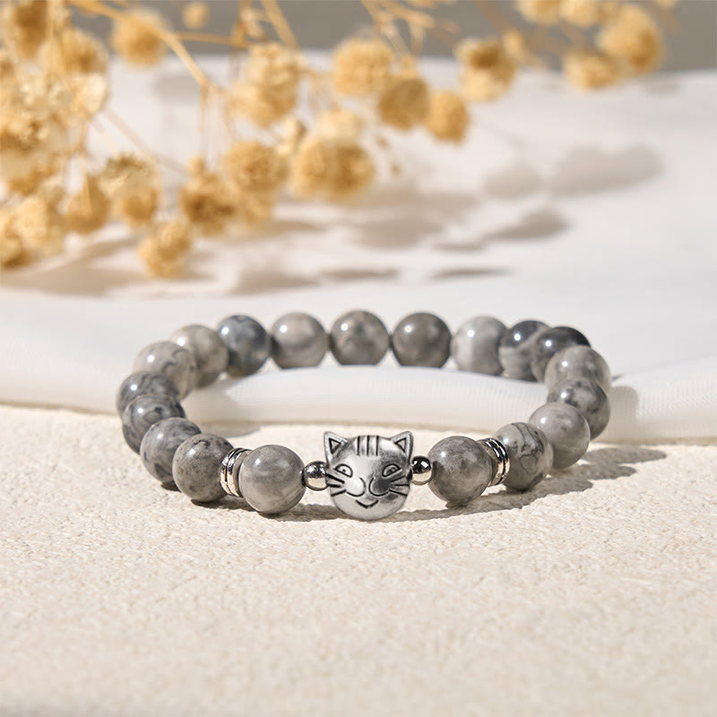 Buddha Stones Cute Cat Natural Grey Jasper Bead Healing Bracelet - image 1