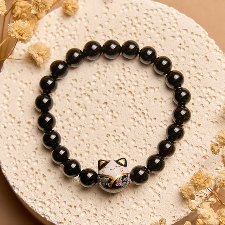 Buddha Stones Black Cat Natural Black Onyx Ceramic Kitten Fortune Bracelet - image 2