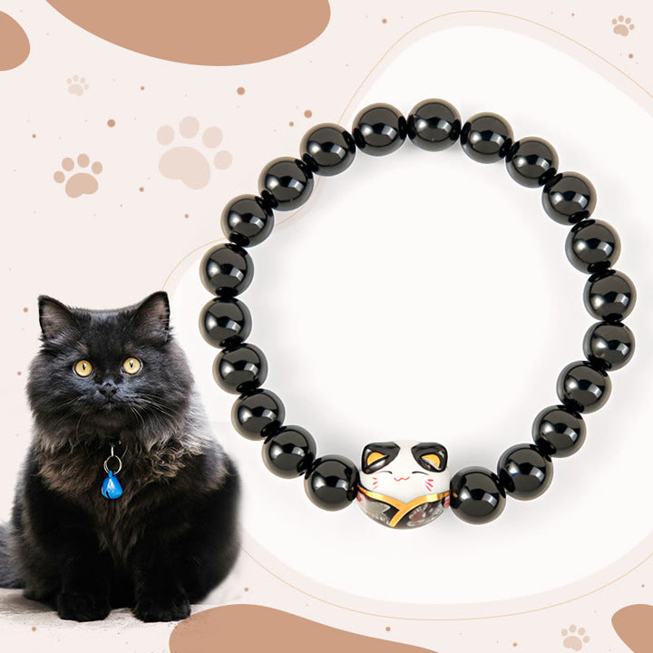 Buddha Stones Black Cat Natural Black Onyx Ceramic Kitten Fortune Bracelet - image 0