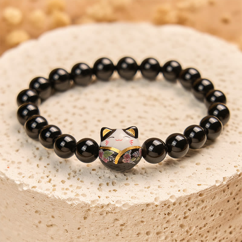 Buddha Stones Black Cat Natural Black Onyx Ceramic Kitten Fortune Bracelet - image 3