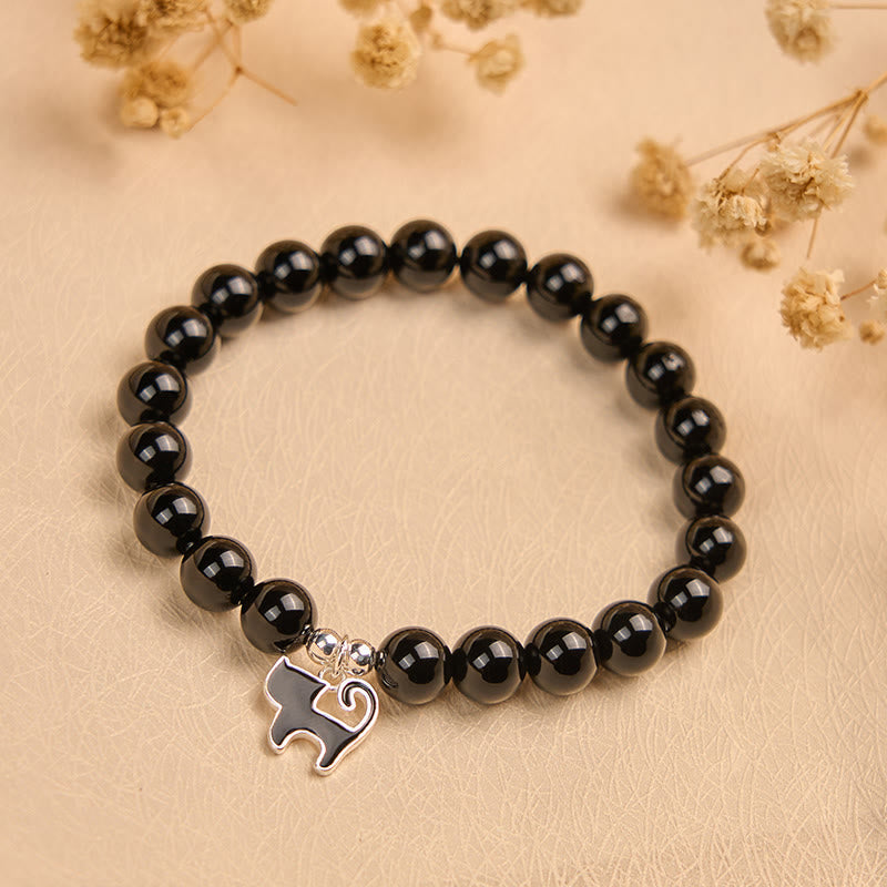 Buddha Stones 925 Sterling Silver Kitten Charm Black Cat Natural Black Onyx Protection Bracelet - image 1