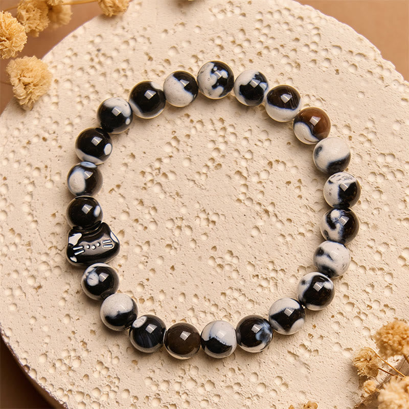 Buddha Stones Black and White Cat Fire Agate Confidence Bracelet - Black and White Cat(Wrist Circumference 15-16cm) - image 0
