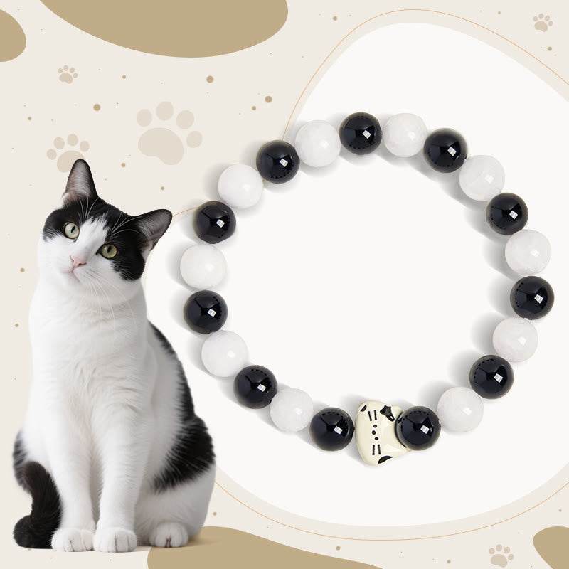 Buddha Stones Bicolor Cat Black Onyx White Chalcedony Fortune Bracelet - Black Onyx(Wrist Circumference 14-16cm) - image 0