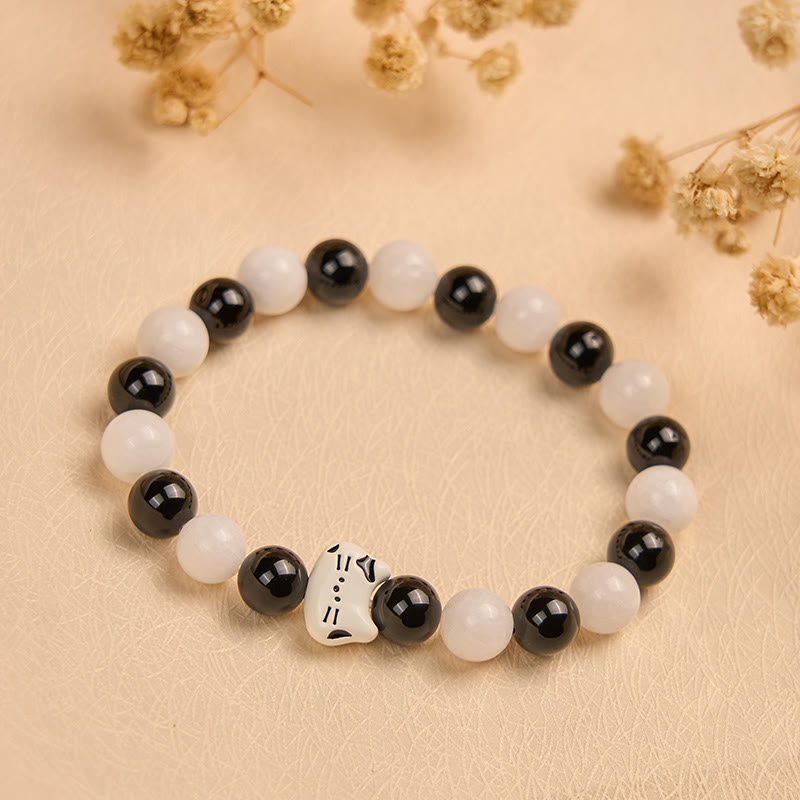 Buddha Stones Bicolor Cat Black Onyx White Chalcedony Fortune Bracelet - image 1