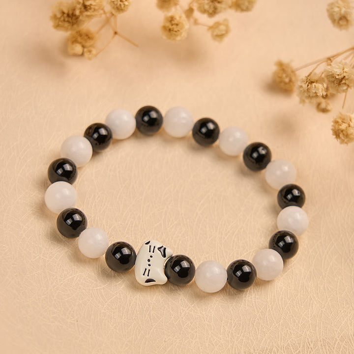 Buddha Stones Bicolor Cat Black Onyx White Chalcedony Fortune Bracelet - image 1