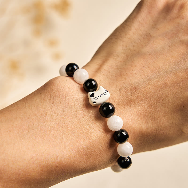 Buddha Stones Bicolor Cat Black Onyx White Chalcedony Fortune Bracelet - image 4